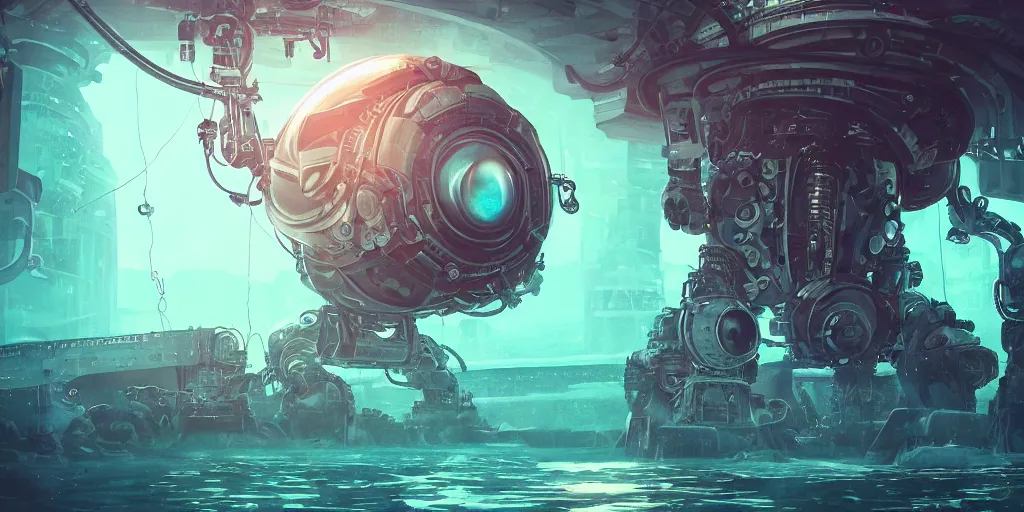 Prompt: huge mechanical creature robot in the middle, its big round eye facing the camera, the eye emits a radiating glowing aura, symmetrical, global illumination, ray tracing, underwater background, garage punk vibes, hdr, fanart, artstation, by ian pesty and alena aenami, artworks, 4 k