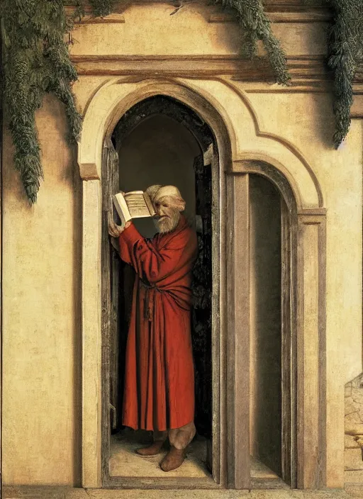 Image similar to a realistic old man in robes holding a book standing in front of an elaborate ancient wooden door, beautiful colourful fantasy rendering, Agnolo Bronzino, Simon Stälenhag, N.C. Wyeth