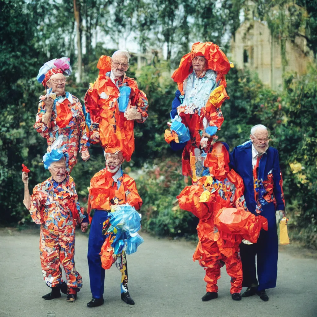 Image similar to a martin parr photo of a grandpa couple, wearing weird trash costumes, fujifilm velvia 5 0