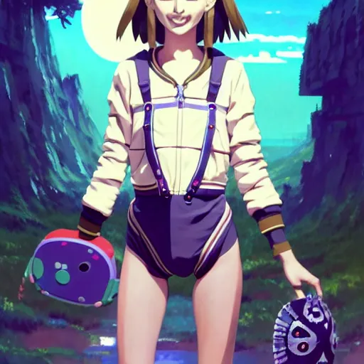 Image similar to beautiful boyish natalie portman gravure model in majora's mask, wearing big mayan bomber jacket with overalls and leotard, big bomber jacket with subtle mayan patterns, aztec bathing suit, gapmoe yandere grimdark, trending on pixiv fanbox, painted by greg rutkowski makoto shinkai takashi takeuchi studio ghibli, akihiko yoshida