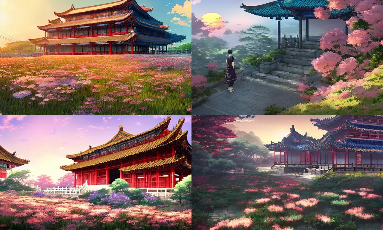 Prompt: ancient chinese architecture in the sea of flowers ， sunset ， by makoto shinkai an krenz cushart ， wide angle