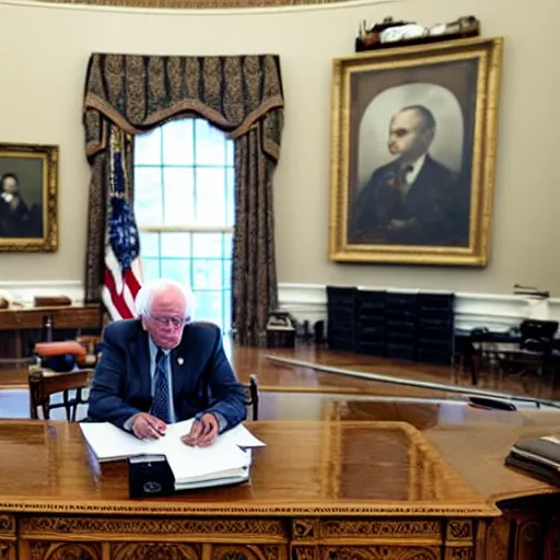 Prompt: bernie sanders sitting in the oval office, photo