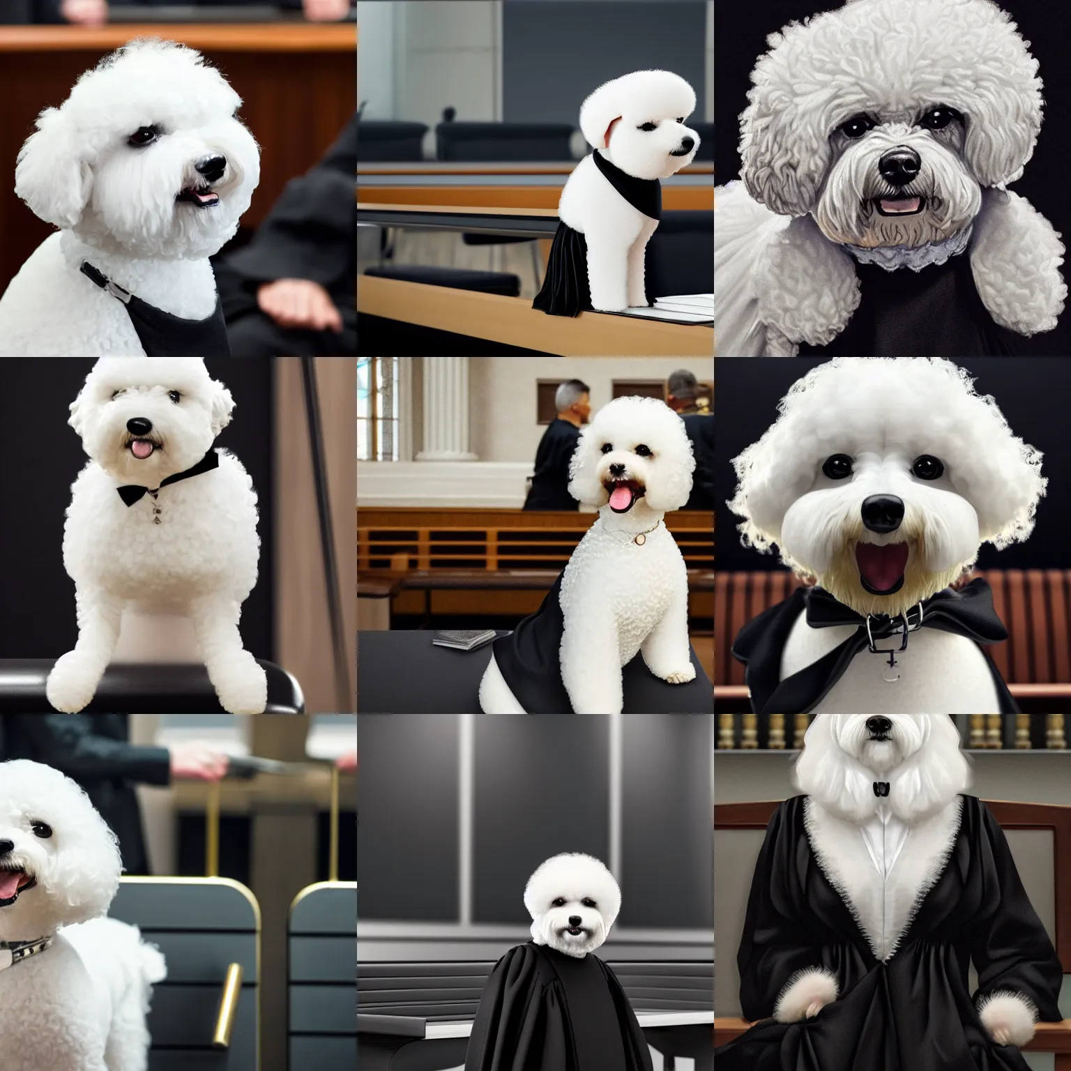 Prompt: a closeup photorealistic illustration of a smiling white bichon frise judge wearing a black gown at the bench and commanding the courthouse. this 4 k hd image is trending on artstation, featured on behance, well - rendered, extra crisp, features intricate detail, epic composition and the style of unreal engine.