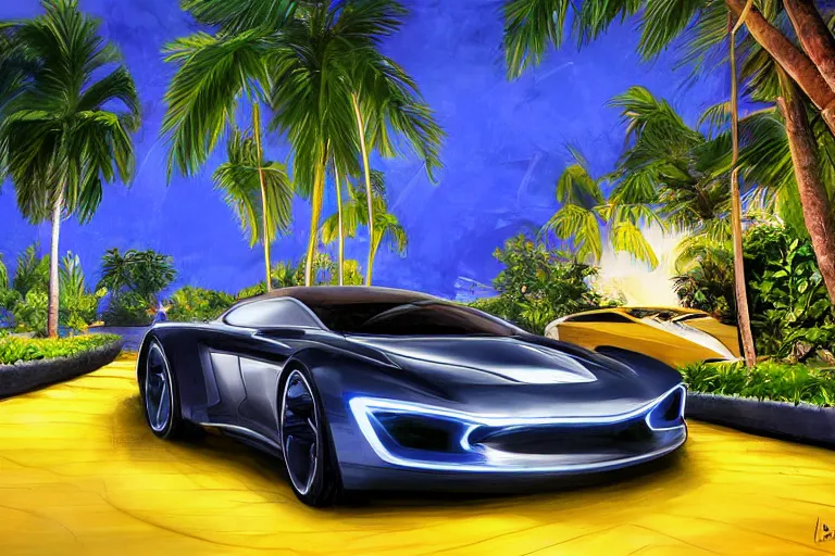 Image similar to modern chic luxurious sports car parked, with Singaporean lush garden with royal white luxurious gold colors, advanced civilization, high-end, at the Sea Of Stars of Vaadhoo Island Maldives, Bioluminescent sea plankton that shines bright blue during the night makes the sea area, glowing water, intricate, elegant, luxurious, digital painting, concept art, smooth, sharp focus, from Star Trek 2021, illustration, by WLOP and Ruan Jia and Mandy Jurgens and William-Adolphe Bouguereau, Artgerm