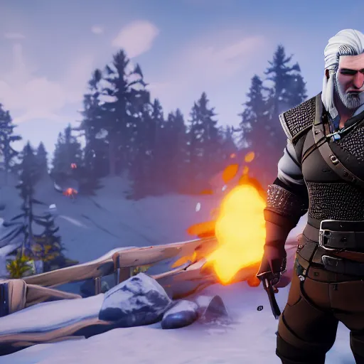 Image similar to Geralt of Rivia in Fortnite, screenshot, pc game