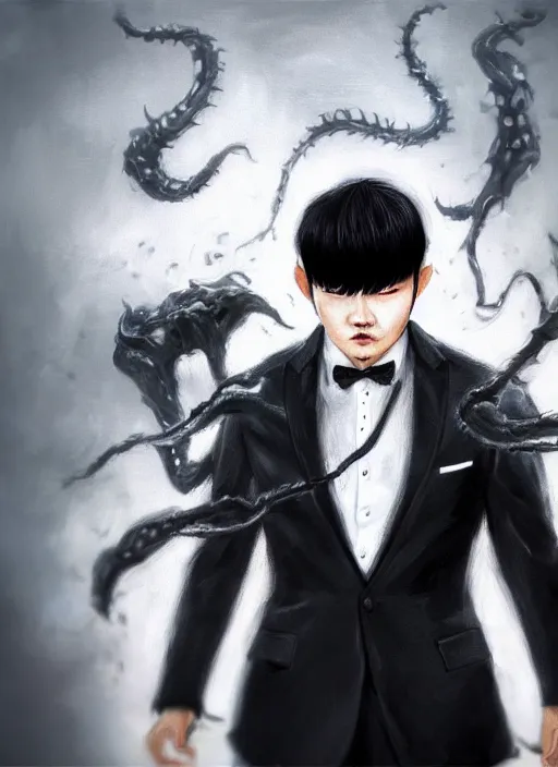 Image similar to a highly detailed illustration of fierce korean man with bowl cut black hair wearing suit and tie with giant black claws, wielding giant black fog claws pose, foggy lovecraftian black mist surrounding background, perfect face, intricate, elegant, highly detailed, centered, digital painting, artstation, concept art, smooth, sharp focus, league of legends concept art, wlop.