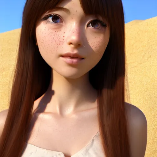 Image similar to Render of a very beautiful 3d anime girl, long hair, hazel eyes, cute freckles, full round face, short smile, cute sundress, golden hour, serene beach setting, medium shot, mid-shot, highly detailed, trending on Artstation, Unreal Engine 4k