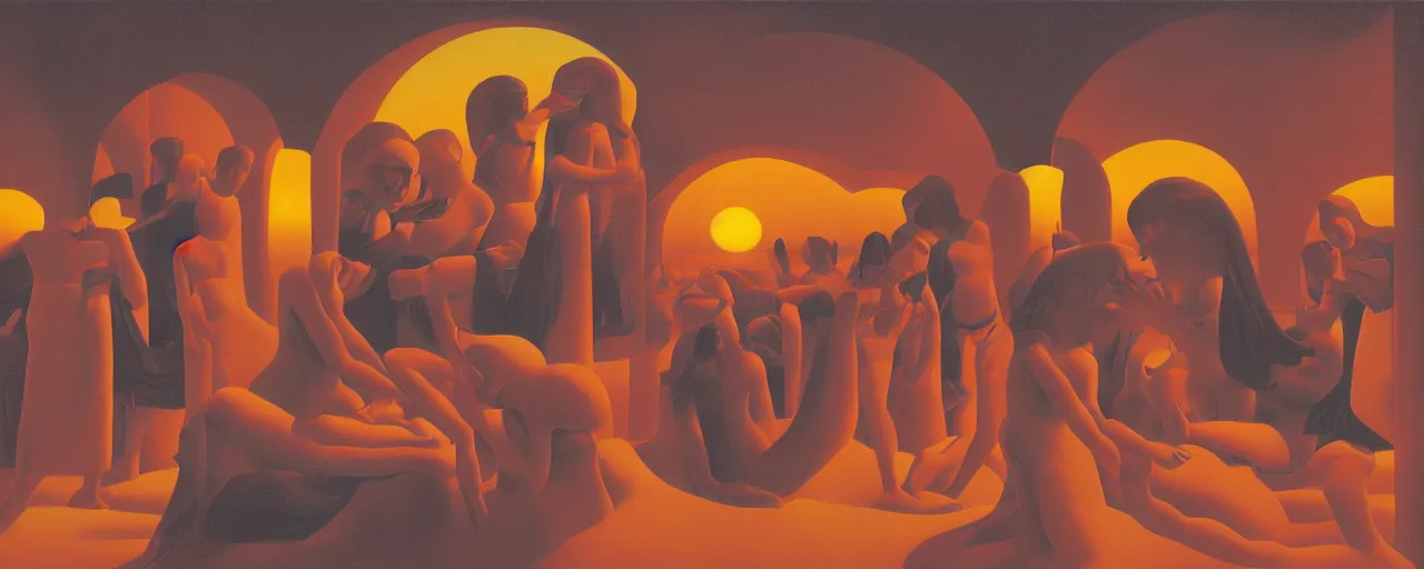 Image similar to Paradise, Soul-eating angels satisfy their hunger, sunset lighting, in the style of George Tooker