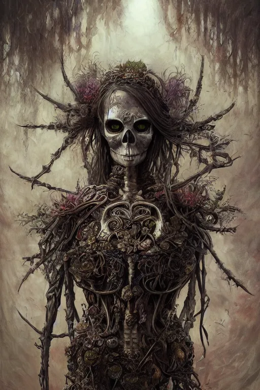 Image similar to very complex hyper-maximalist overdetailed cinematic darkfantasy portrait of a beautiful skeleton woman by andrei riabovitchev, tomasz alen kopera, oleksandra shchaslyva. Omnious intricate, octane, Deviantart, hyper detailed illustration, 8k