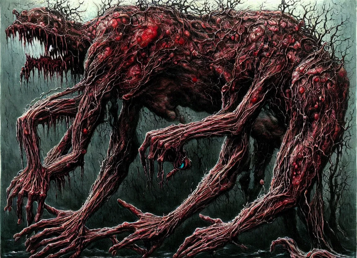 Prompt: Giant fanged limb monster walks in the road. Drops of blood, meat with veins, mouths, eyes. Dark colors, high detail, hyperrealism, horror art, intricate details, masterpiece, biopunk, body-horror, art by Ayami Kojima, Beksinski, Giger