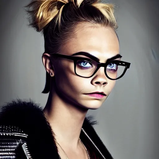 Prompt: portrait of beautiful cara delevingne with a cyberpunk hairstyle and nerd glasses by mario testino, headshot, detailed, award winning, sony a 7 r