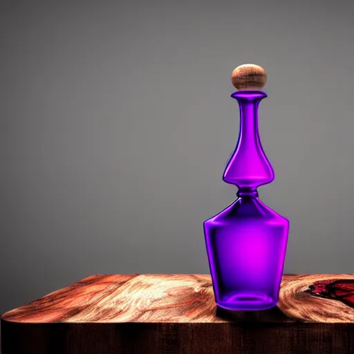 Prompt: hyper realistic poison bottle, purple liquid inside on a wood table. the bottle is design like a perfume bottle. background is a dark ancient laboratory complex architecture wood and stone. professional digital art, dnd style, ultra detailed, trending on artstation, concept art, octane render, unreal engine 5, 8 k rendering.