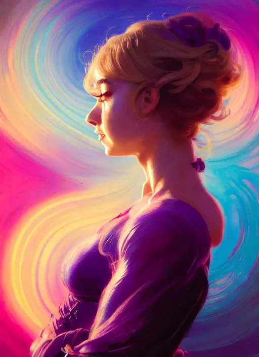 Image similar to side portrait, imogen poots, paladin, gloomhaven, soft, smooth, luminescent, colorful swirly ripples, gaudy colors, 8 k, by greg manchess, huang guangjian, gil elvgren, sachin teng, greg rutkowski, jesper ejsing, rhads, ilya kuvshinov, cushart krenz