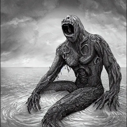 Prompt: creepy humanoid merfolk monster, slimy, wet, disturbing, long fingers, crawling up from shallow water, realistic, atmospheric, highly detailed, illustration, painting, concept art, scary