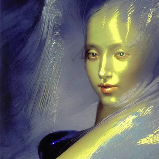 Image similar to a chrome woman's face in flowing sheets of cobalt blue gold chrome silver satin, by moebius syd mead roger dean wojciech siudmak donato giancola yoshitaka amano ivan aivazovsky jan de heem pieter claesz paul delaroche alma tadema aelbert cuyp willem claesz, hyperrealistic volumetric light render