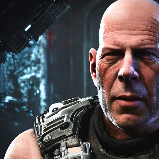 Prompt: Bruce Willis as a gears of war 4 videogame character, undertailed, 8k render,