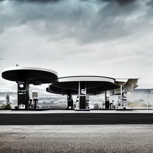 Prompt: a futuristic fuel station in the style of reuben wu, roger deakins, h 1 0 2 4