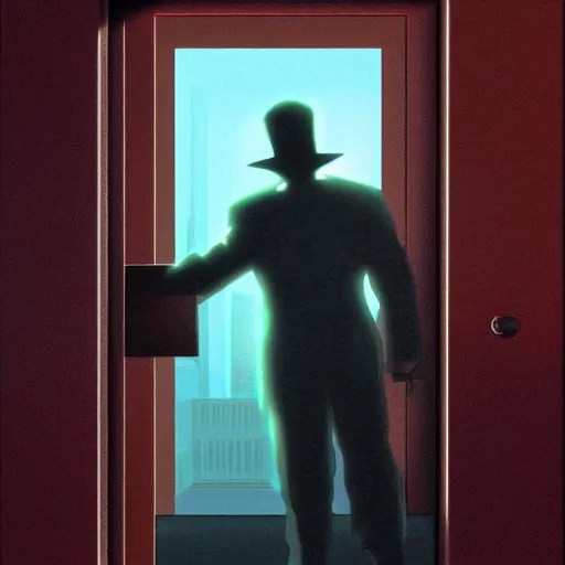 Image similar to an accountant working late does not notice the shadowy figure whose silhouette fills the door to his office. high quality high detail painting by david mattingly and ralph mcquarrie and richard corben, hd, realistic matte painting, photorealistic lighting, modern supernatural urban horror aesthetic.