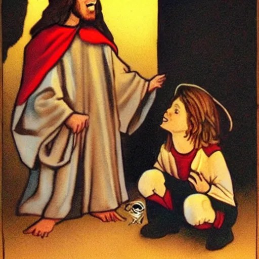 Prompt: kid jesus kidding with the kid devil, cute art work