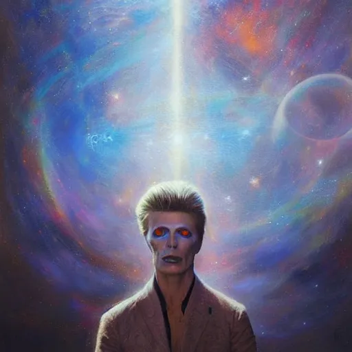 Image similar to UHD tonalism cosmic painting of David Bowie, by Antonio Caparo and Ferdinand Knab and Greg Rutkowski, UHD, photorealistic, trending on artstation, trending on deviantart