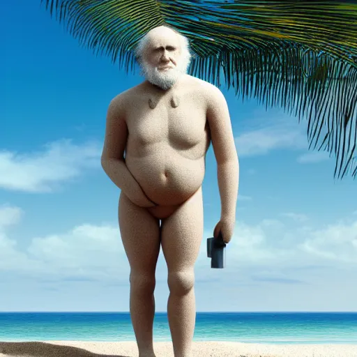Image similar to charles darwin in a bikini realistic 4 k photograph sunny beach happy