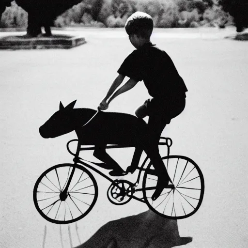 Image similar to illustration of boy riding pig, black and white, cinestill, 800t, 35mm, full-HD