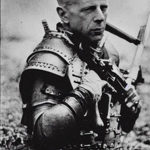 Prompt: old black and white photo, 1 9 1 3, depicting bruce willis in combat armor with guns, historical record, tentacles around