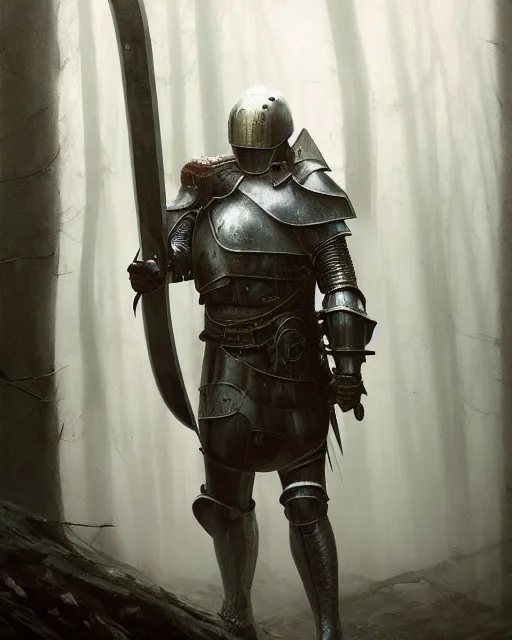 Image similar to Hyper realistic painting of a knight in rusty full plate armor wielding a greatsword, hyper detailed, surrounded by a dark forest, fog, moody, cinematic lighting, dim blue lighting, by greg rutkowski, trending on artstation