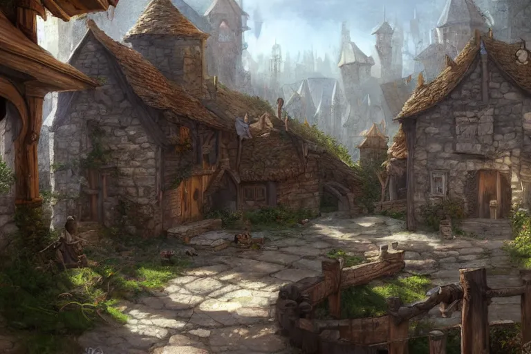 Image similar to A small medieval village, fantasy, D&D, concept art, sharp focus, trending on artstation, digital painting, midday, sunny, beautiful