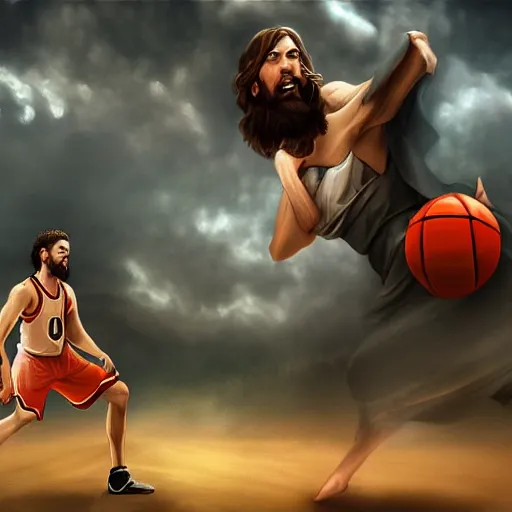 Prompt: Jesus Christ defeating the Devil in a basketball game artstation digital art epic