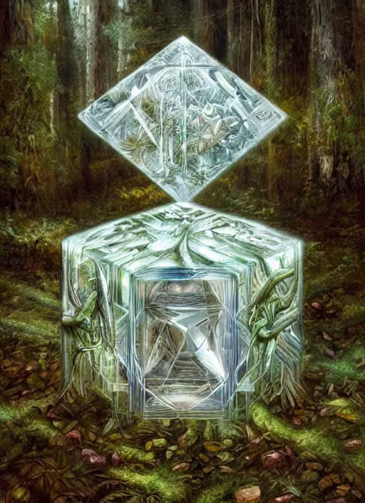 Image similar to a crystal cube in a forest, highly detailed, intricate, concept art, art station, cinematic light, realistic, ethereal light, art by H.R. Giger and sorayama