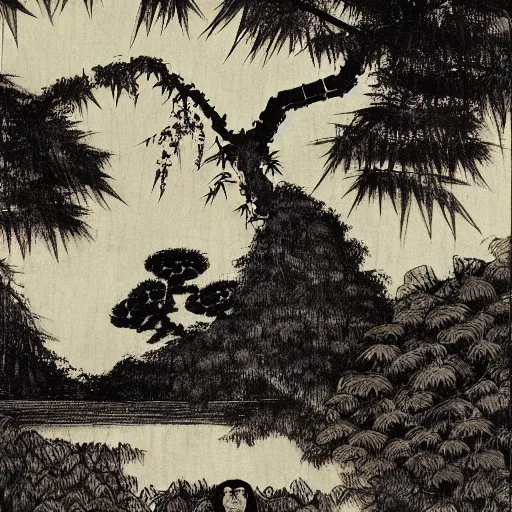 Prompt: photorealistic creepy demonic building disk osprey creek spice bamboo tree , by Katsushika Hokusai and George Inness and Paul Cezanne , 20 megapixels , storybook illustration , charcoal drawing