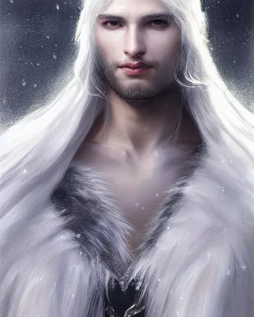 Prompt: portrait, beautiful male elf, long wavy white hair, super detailed, light black armor with silver accenting, silver jewelry, fur lined cape, 8 k, filmic, octane render, moonlight, snow, clouds, torch light on the right, artstation, greg rutkowski, rossdraws, william bouguereau, sharp focus