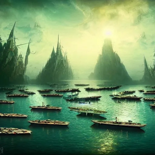 Image similar to a group of boats floating on top of a body of water, a detailed matte painting by yerkaland, cgsociety, metaphysical painting, matte painting, glitch art, dystopian art