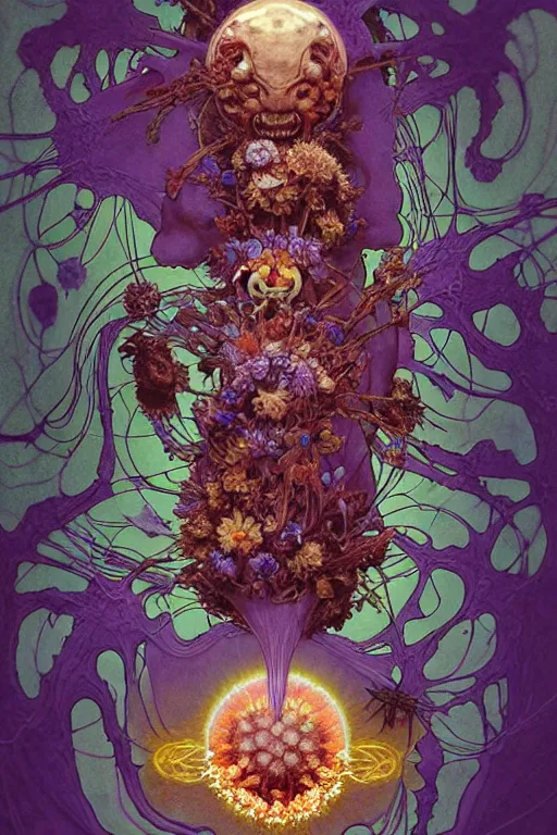 Image similar to the platonic ideal of flowers, rotting, insects and praying of cletus kasady carnage thanos dementor wild hunt doctor manhattan chtulu mandelbulb mandala ponyo spirited away davinci, d & d, fantasy, ego death, decay, dmt, psilocybin, art by artgerm and greg rutkowski and alphonse mucha