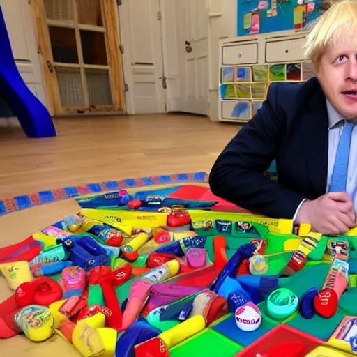 Prompt: Boris Johnson eating crayons while sitting on kindergarten puzzle floor, full body