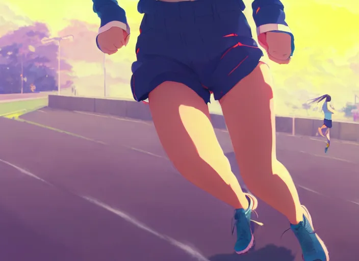 Image similar to portrait of high school runner girl, sunny sky background stadium landscape illustration concept art anime key visual trending pixiv fanbox by wlop and greg rutkowski and makoto shinkai and studio ghibli and kyoto animation symmetry red sports clothing marathon yellow running shoes number tag