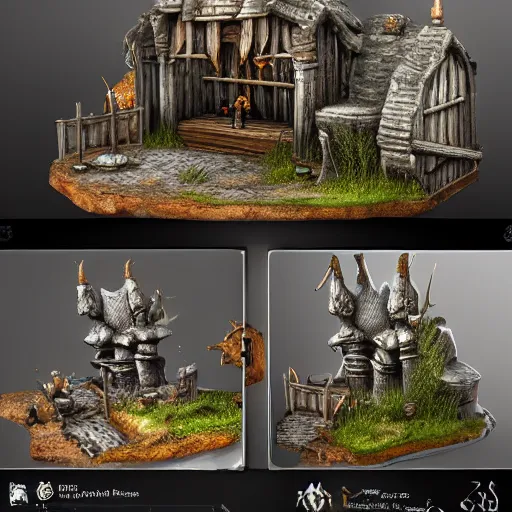 Image similar to highly detailed miniatures of various fantasy items from fantasy game. perfect lighting, ray tracing, realistic.