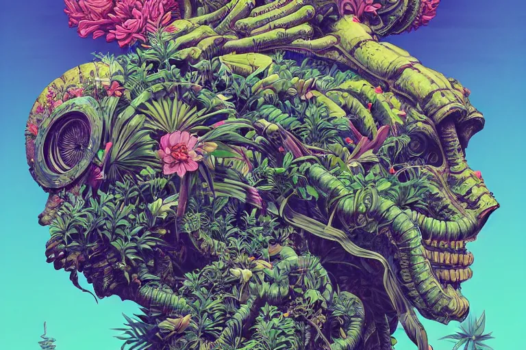 Image similar to gigantic mecha head, a lot of exotic vegetation, trees, flowers by moebius, dull colors, junji ito, tristan eaton, victo ngai, artgerm, rhads, ross draws, hyperrealism, intricate detailed, risograph