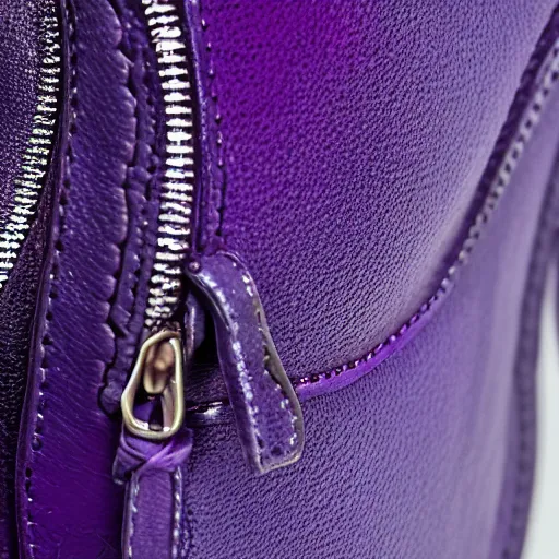 Prompt: purple rain splashing of the leather shoulder, close up shot, high definition, award winning