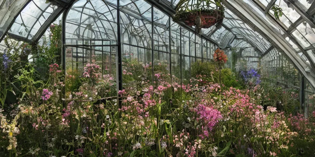 Prompt: glass greenhouse, another world, flowers, fairy tale, sunlight, highly detailed, low angle view, artstation, mysterious, comfort, in the style of aetherpunk