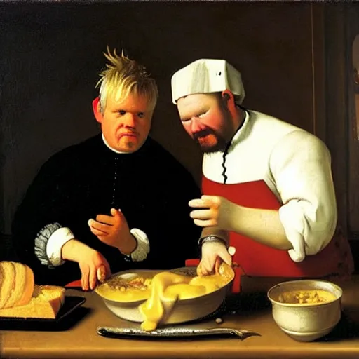Image similar to a 1 7 th century portrait of gordon ramsay and guy fieri making a greasy macaroni and cheese sandwich, by vermeer, portrait, royal, oil on canvas