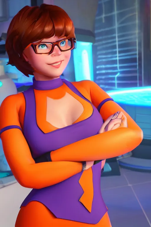 Image similar to Velma from Scooby Doo, overwatch main character Blizzard pixar 3d maya engine on stylized background splash comics global illumination lighting,