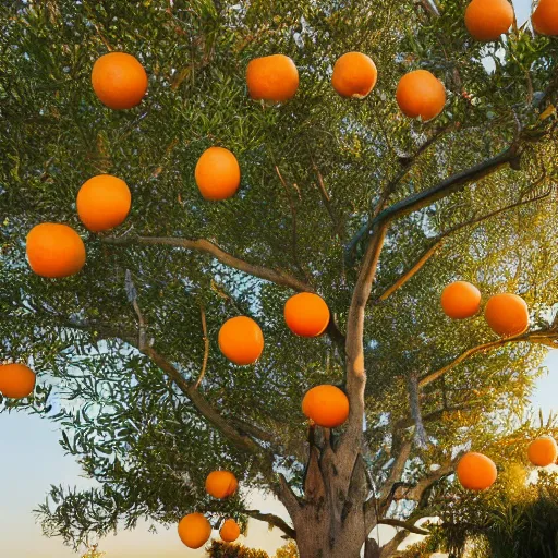 Image similar to a tree growing oranges outside a california suburban home, style of photographers willem verbeeck and Kyle McDougall, complimentary colors, filmic, golden hour