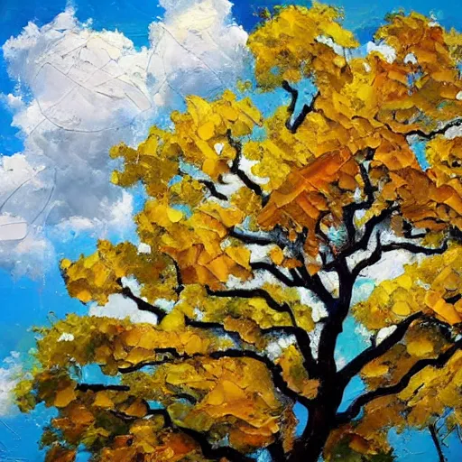 Prompt: oil paint impasto reliefs of looking up at a large sunny oak tree, through to beautiful clouds, thick heavy painterly style using a palette knife - i