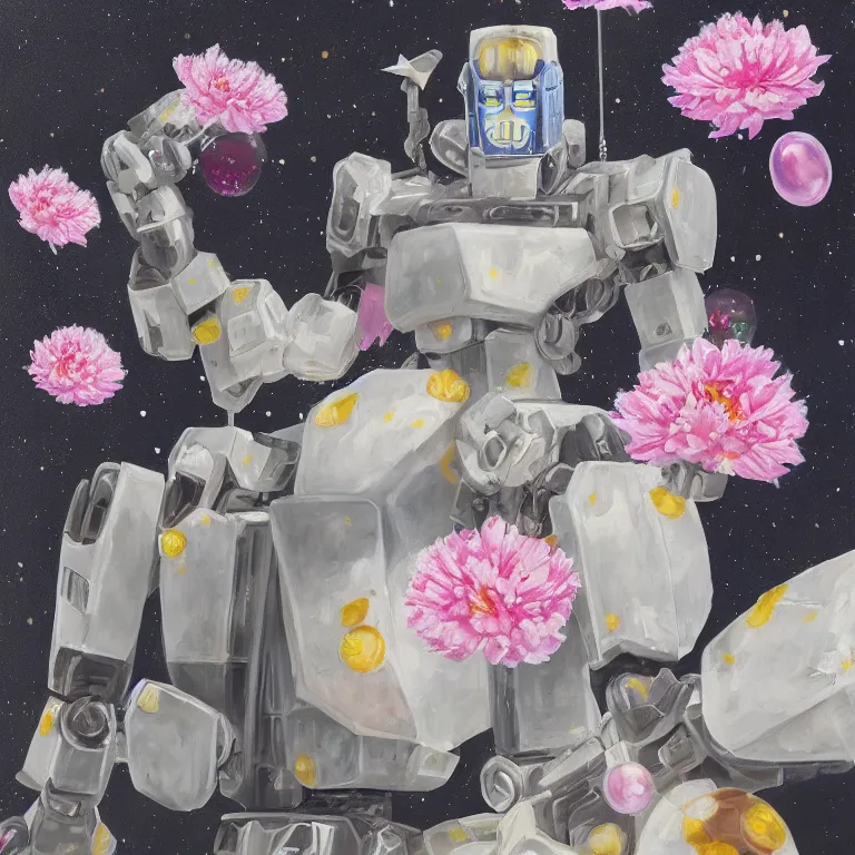 Image similar to A beautiful oil painting hyperrealism of armored mecha cyber drinks a magical bubble tea in a constellation of peonies, digital art