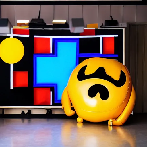 Prompt: portrait of Pac-Man wearing a suit, studio lighting