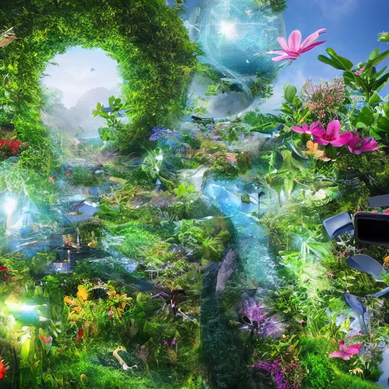 Image similar to metaverse of the future with nature and plants, everyday life in the metaverse, augmented reality, fantastic reality, fantastic art