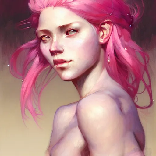 Image similar to Portrait of a tomboy with pink hair, glowing skin, fantasy, intricate, elegant, highly detailed, digital painting, artstation, concept art, smooth, sharp focus, illustration, art by Krenz Cushart and Artem Demura and alphonse mucha