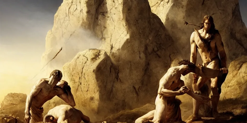 Image similar to realistic scene of biblical Cain and Abel before a stone altar with white smoke ascending in the background, a lamb in the foreground, inspired art by Frazetta + facial symmetry + bright dramatic volumetric lighting, well lit, 8k octane render, intricate, epic composition, golden hour, cinematic studio lighting + masterpiece, trending on artstation, very detailed, masterpiece, stunning